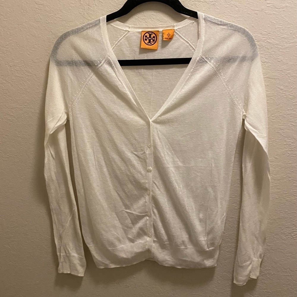 Tory Burch thin sheer white v-neck cardigan